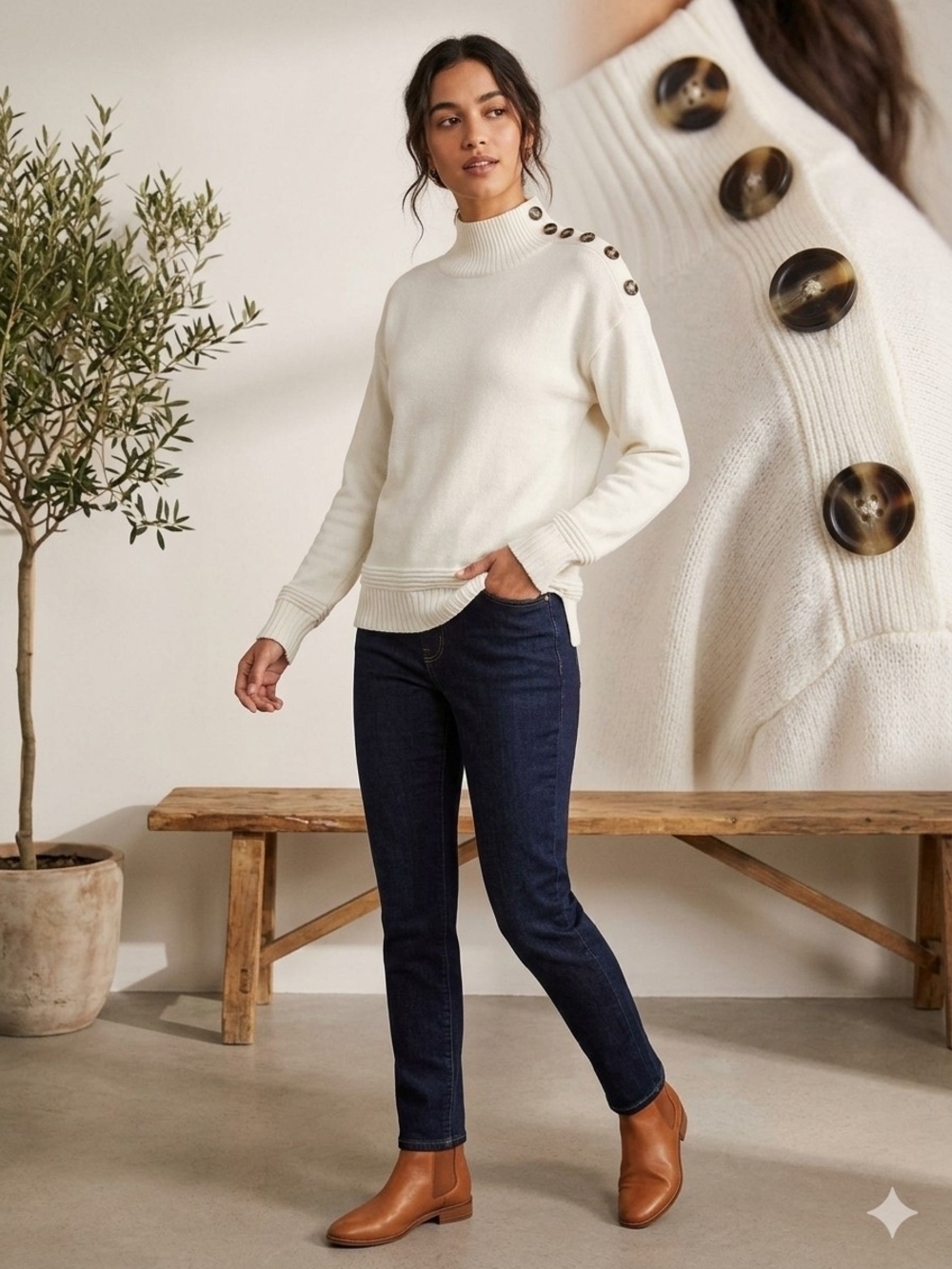 Cream Cozy Button-Shoulder Mock Neck Sweater Size Medium Classic